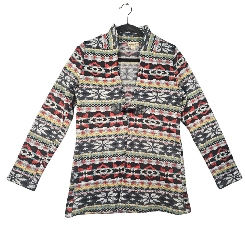 One World Fair Isle Cardigan Womens M Nordic Fleece Toggle Holiday Festive Prep
